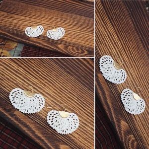 Bohemian White Eyelet Fan Gold Earrings NWT